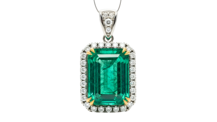 Emerald-cut green gemstone pendant with diamond halo on black