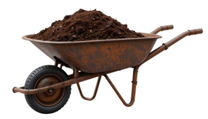 Rusty wheelbarrow filled with dark brown soil isolated on white for gardening and landscaping projects