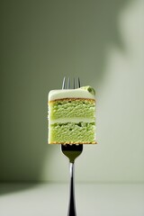 Elegant Matcha Cake on Fork, Abstract Green Dessert Photography