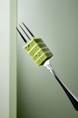 Minimalist Green Layered Cake Slice on Silver Fork, Modern Food Art