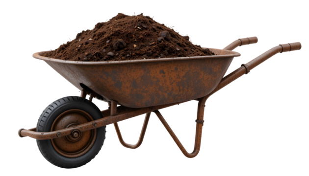 Rusty wheelbarrow filled with dark brown soil isolated on white for gardening and landscaping projects
