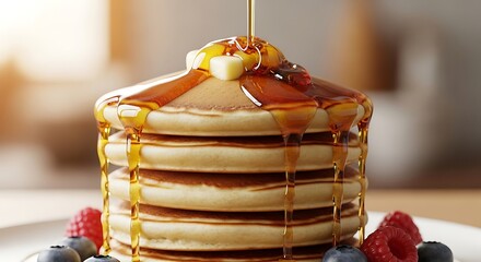 Stack of Pancakes with Syrup and Berries - A Delicious Breakfast Treat.