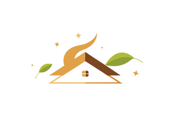 Minimalist house roof icon with a subtle spark and green leaf element on a clean white background