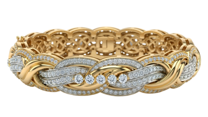 Braided gold bracelet, diamonds sparkle, woven pattern, luxury