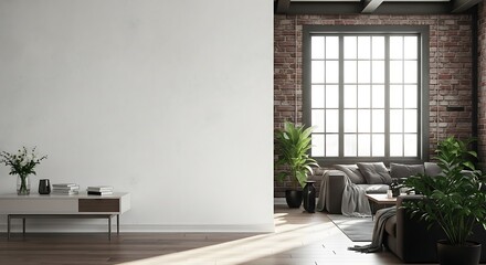 Fototapeta premium Modern Interior With White Wall And Brick Accent Wall