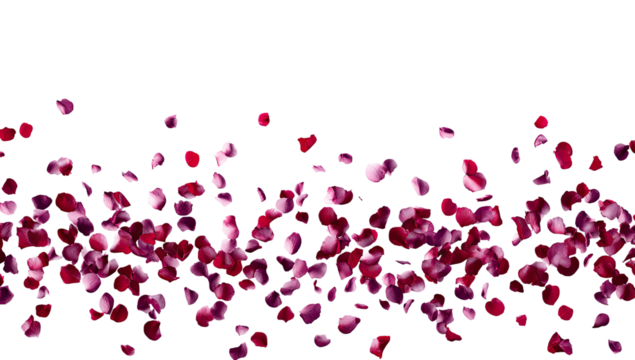 Rose petals, magenta and red, cascading,  black background