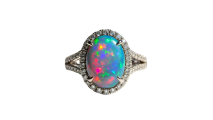 Opal gemstone ring with diamond halo on black background