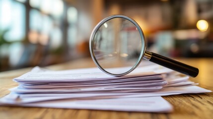 magnifying glass focusing on a selected resume, pile of job applications on blurred background