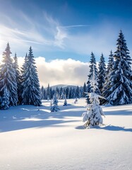 Snow-covered evergreen trees in a sun-drenched winter mountain landscape