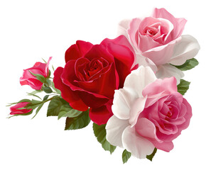 A detailed floral arrangement of red, pink, and white roses