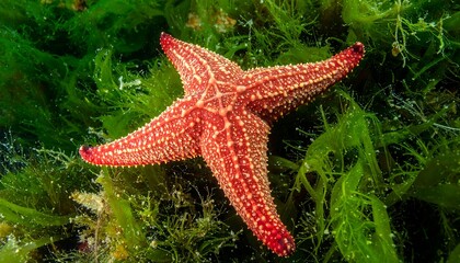 Vivid red starfish, centered, against vibrant green underwater foliage