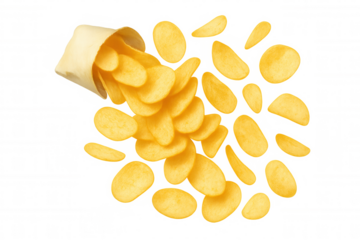 Potato chips spilling from paper bag, crispy fried snack food, overhead view on transparent background