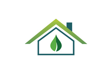 Modern minimal house roof design with an eco friendly green drop badge on a clean white background