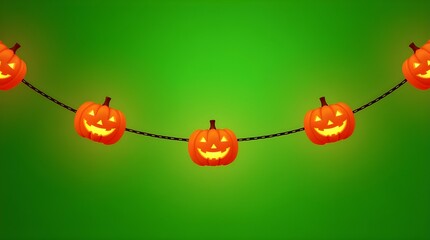 Festive Halloween pumpkin lanterns garland illustration with detailed lighting on green screen background