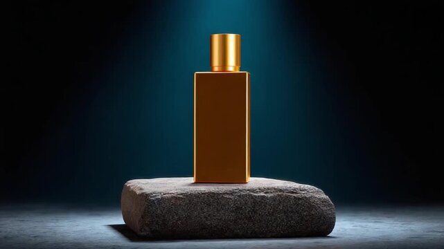 Golden perfume bottle dark stone pedestal illuminated by spotlight and dramatic lighting, creating luxurious and elegant atmosphere with luxury