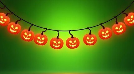 Halloween pumpkin garland decoration with smiling jack o lantern faces hanging on green screen background