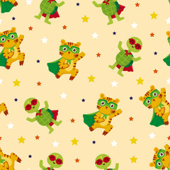 Seamless Pattern Of Adorable Cartoon Tigers And Turtles Dressed As Superheroes Flying With Capes And Masks Against A Light Yellow Starry Background