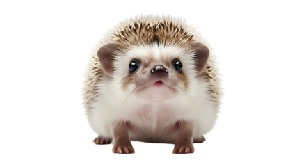 Round hedgehog with white belly and spiky brown quills, head-on