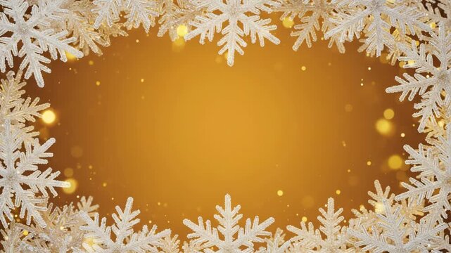 Festive snowflake border with golden bokeh lights on a warm background