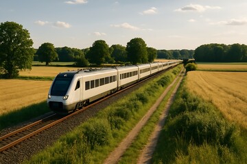 Fototapeta premium Modern passenger train traveling through the countryside on a sunny day. Lush green fields and clear blue sky create a scenic and peaceful travel view.