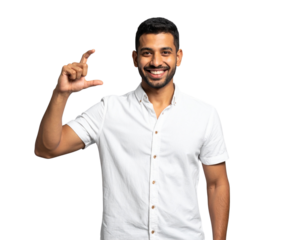 Front View of Smiling Man Gesturing Small Size with Fingers, PNG Cutout 