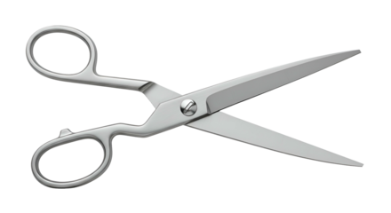 Open silver scissors with looped handles isolated on black