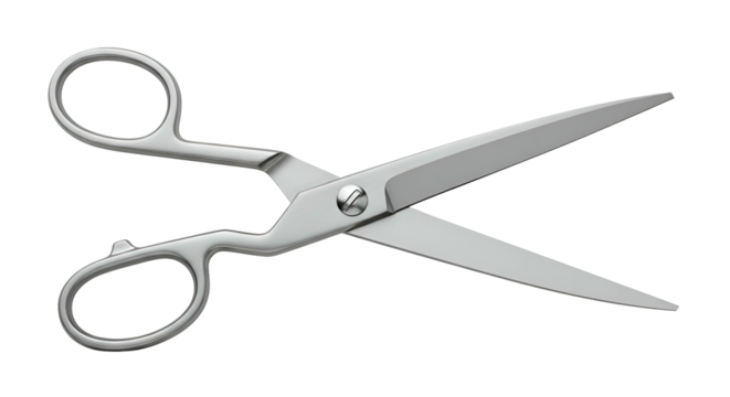 Open silver scissors with looped handles isolated on black