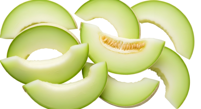 Sliced honeydew crescents of pale green fruit, seeds visible