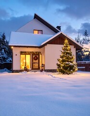 Snow-covered house at twilight, decorated for Christmas