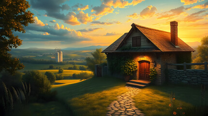 A serene landscape featuring a charming farmhouse with a stone pathway leading up to it, bathed in the warm glow of a sunset sky, showcasing rolling hills and a tranquil rural scene.
