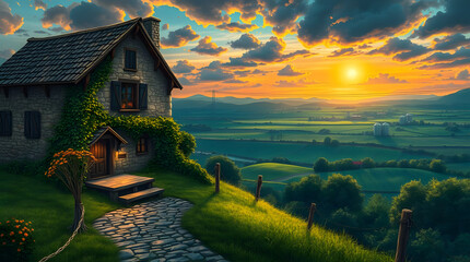 A beautiful landscape showcasing a charming stone house covered in greenery, positioned on a hill overlooking vast green fields at sunset. The sky is ablaze with vibrant golden and orange hues, creati