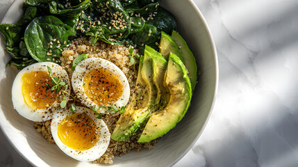 Protein rich breakfast bowl with soft boiled eggs quinoa avocado and spinach topped with sesame seeds herbs and digital nutrition overlays
