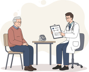 Fototapeta premium Male doctor discussing medical results with senior male patient during routine checkup in clinic
