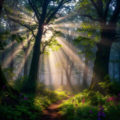 Fototapeta premium Golden Sunbeams Piercing Forest Canopy - Mystical Woodland Landscape