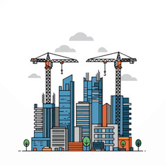 Obraz premium Cityscape construction site with cranes and modern buildings under development.