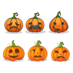 Cartoon Halloween Pumpkins Displaying Various Carved Faces and Emotions for Spooky Holiday Celebrations