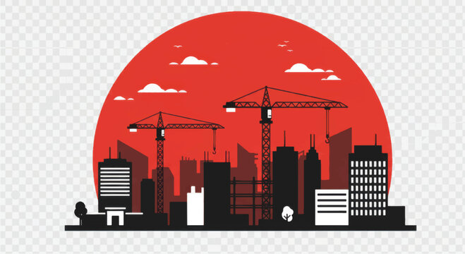 City Skyline Silhouette with Cranes and Red Sun.