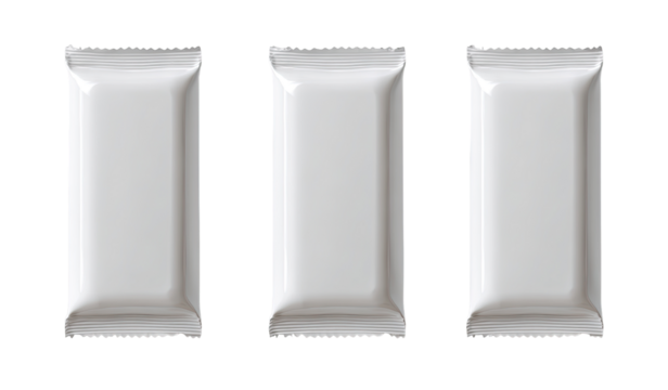 Three blank, rectangular, white food wrappers