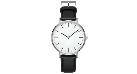 Minimalist watch with white face and black leather strap against black