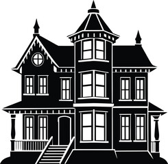 Victorian Mansion House Silhouette Vector Art Isolated Transparent Background Old Gabled Residence Spooky Estate