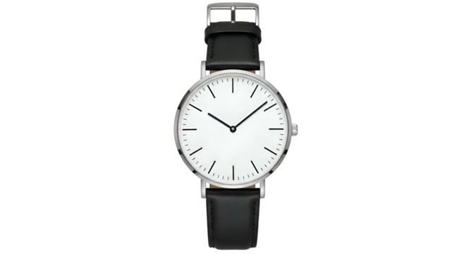 Minimalist watch with white face and black leather strap against black