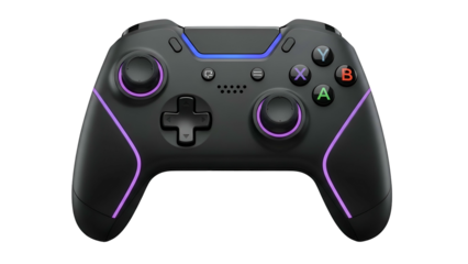Black gamepad with illuminated buttons, grips, on a black background