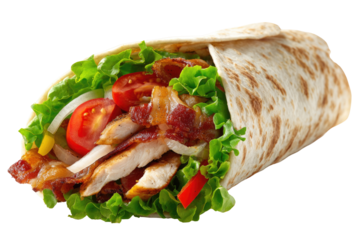 Close-up of a delicious chicken bacon wrap.  Freshly made tortilla wrap filled with grilled chicken, crispy bacon, mixed greens, tomatoes, and red bell pepper slices.  Appetizing and flavorful