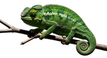 Green chameleon on branch isolated on white background, exotic reptile with unique skin texture and color-changing ability.