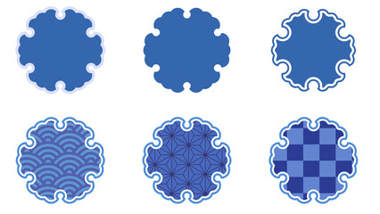 青い花形アイコンと和柄バリエーション（青海波・麻の葉・市松）