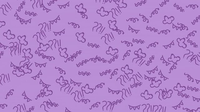 Playful purple doodle pattern with hand-drawn clouds, bunting flags, and squiggles. Seamless whimsical background texture in violet.