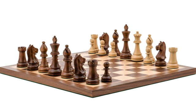 Chessboard with pieces arranged for play on a wooden surface - Powered by Adobe