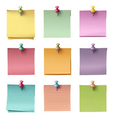 Nine colorful sticky notes, each pinned to a surface.  Various pastel shades.  Blank, ready for writing.  Square,  realistic style