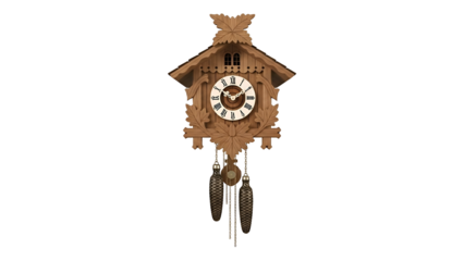 Carved wooden cuckoo clock with decorative leaves and weights