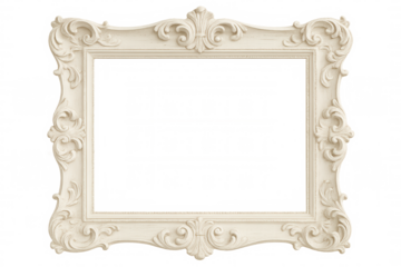 White ornate vintage frame with rococo baroque carving, antique isolated border, empty decorative art element